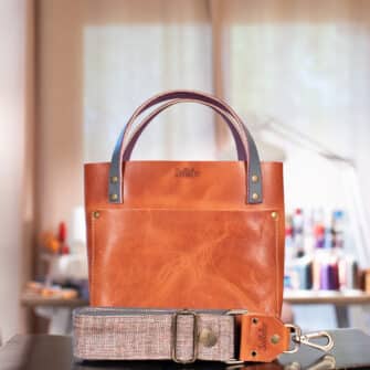 SoRetro Especial Mini FYG Leather Crossbody Tote - Gingerbro with Heritage Barnhill Rocks on Dark Gray Cotton Webbing - Bronze Hardware