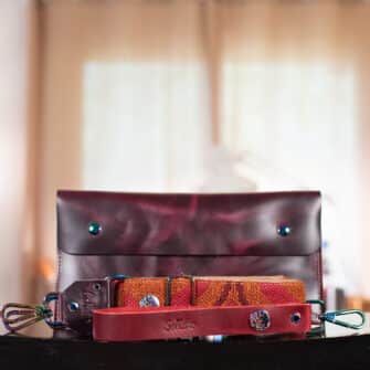 SoRetro Especial FYG Crossbody Clutch - Plum Cobbler aka Mirabelle Estate with Heritage Lyndhurst Valley on Khaki Cotton Webbing - Chromalusion Hardware