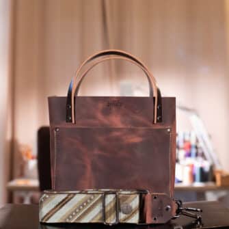 SoRetro Especial Reservo Mini FYG Leather Crossbody Tote - Rustic Rose with Heritage My Tie Sage on Chocolate Brown Cotton Webbing - Gunmetal Hardware
