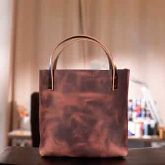 Alternative view of SoRetro Especial Reservo Mini FYG Leather Crossbody Tote - Rustic Rose with Heritage My Tie Sage on Chocolate Brown Cotton Webbing - Gunmetal Hardware