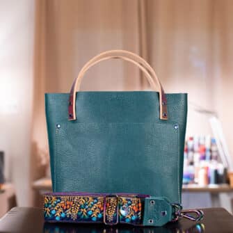 SoRetro Limited Mini+ FYG Leather Crossbody Tote – Wildwoods Ultramarine with Limited Innovation Gardens Midnight on Violet Cotton Webbing – Chromalusion Hardware