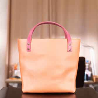 Alternative view of SoRetro Verdura Mini+ FYG Leather Crossbody Tote – Sherbet Perlescente with Limited Heartland Spring Flowers on Khaki Cotton Webbing – Bronze Hardware