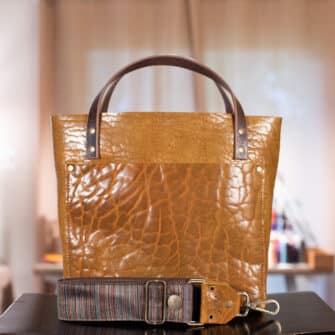 SoRetro Limited Perfect FYG Leather Crossbody Tote – Thicc Boi Super Chunk Caramel Cream with Heritage Ashland Autumn Stripes on Chocolate Brown Webbing – Bronze Hardware