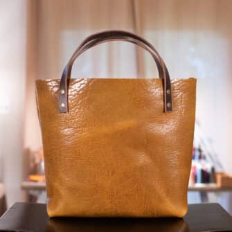 Alternative view of SoRetro Limited Perfect FYG Leather Crossbody Tote – Thicc Boi Super Chunk Caramel Cream with Heritage Ashland Autumn Stripes on Chocolate Brown Webbing – Bronze Hardware