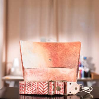 SoRetro Limited Mini Traveler FYG Leather Crossbody Tote – Rorschach's Tangerine with Heritage Ikat Rust on Khaki Cotton Webbing – Bronze Hardware