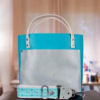 SoRetro Two Tone Perfect FYG Leather Crossbody Tote – Torch Lake and Silverstone with Limited Boomslang Aqua on Light Gray Cotton Webbing – Silver Hardware