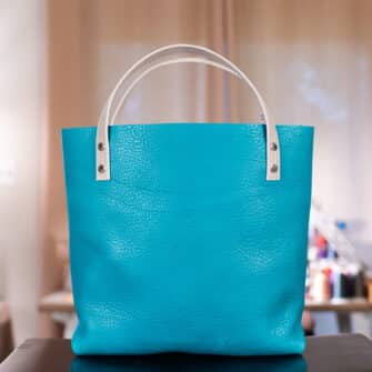 Alternative view of SoRetro Two Tone Perfect FYG Leather Crossbody Tote – Torch Lake and Silverstone with Limited Boomslang Aqua on Light Gray Cotton Webbing – Silver Hardware