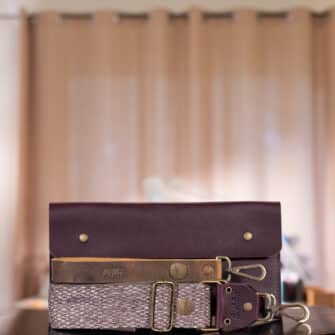 SoRetro Verdura FYG Crossbody Clutch - Cacciatore di Melanzana with Heritage Penny Plum on Dark Olive Cotton Webbing - Bronze Hardware