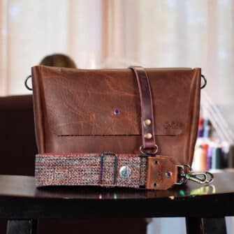 SoRetro Mini DayTripper FYG Leather Crossbody Tote – Smash Cinnamon with Heritage Roxbury Lights on Brick Red Cotton Webbing – Chromalusion Hardware