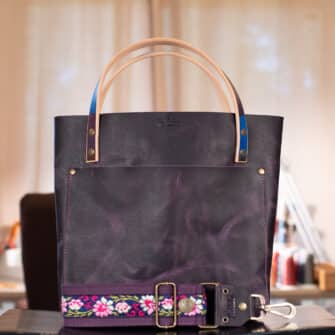 SoRetro Perfect FYG Leather Crossbody Tote – Purpurite Permanganate with Limited Belle Isle Bloom on Eggplant Cotton Webbing – Bronze Hardware