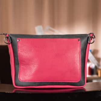 Alternative view of SoRetro Mini DayTripper FYG Leather Crossbody Tote – Smokey Pecos and Especial Hot Pink Birb with Serape Stripes on Raspberry Cotton Webbing – Silver Hardware
