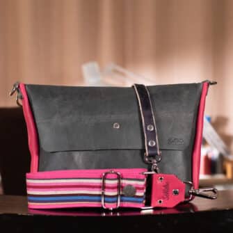 SoRetro Mini DayTripper FYG Leather Crossbody Tote – Smokey Pecos and Especial Hot Pink Birb with Serape Stripes on Raspberry Cotton Webbing – Silver Hardware