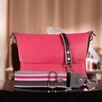 SoRetro Mini DayTripper FYG Leather Crossbody Tote – Especial Hot Pink Birb and Smokey Pecos with Serape Stripes on Gray Cotton Webbing – Silver Hardware