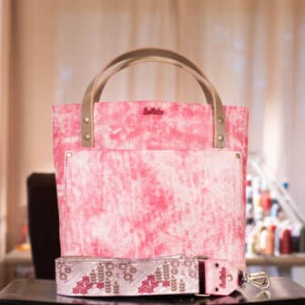 SoRetro Verdura Perfect FYG Leather Crossbody Tote – Rosa di Neve with Limited Sorellanza Gardens on Khaki Cotton Webbing – Bronze Hardware