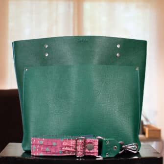SoRetro BYG FYG Leather Crossbody Tote – Wildwoods Ultrapine with Limited Friendship Stitch on Emerald Cotton Webbing – Silver Hardware