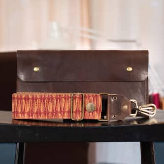 SoRetro Especial FYG Crossbody Clutch - Keto Mug Cake with Heritage St. Lawrence Sunset on Mocha Cotton Webbing - Bronze Hardware