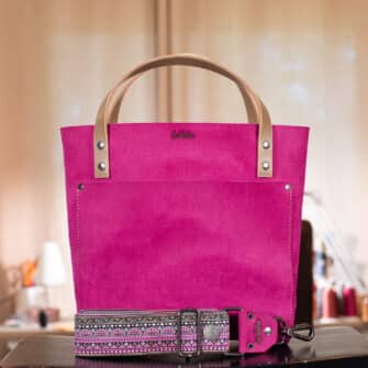 Dave - Round 1 - SoRetro Verdura Perfect FYG Leather Crossbody Tote – La Tela Magenta with Limited Mandala Bay Pink on SortaWide Serape Stripes Webbing – Gunmetal Hardware