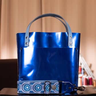 Dave – Final Battle - SoRetro Verdura Perfect FYG Leather Crossbody Tote – Raiden's Lightning (aka Caspian Cobalt) with Cosmic Pulse Cobalt on Dusty Blue Cotton Webbing – Gunmetal Hardware