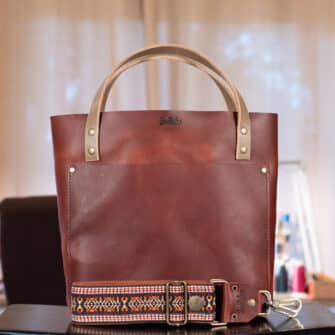 SoRetro Verdura Perfect FYG Leather Crossbody Tote – Mare Forte Tabacco with McKinley on Sienna Cotton Webbing – Bronze Hardware