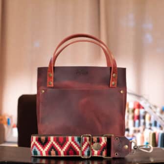 SoRetro Verdura Mini FYG Leather Crossbody Tote - Melograno with Limited Gateway Burning Ridge on Chocolate Cotton Webbing - Bronze Hardware