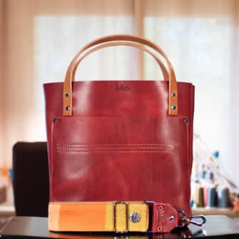 SoRetro Perfect Especial Reservo Stitch Sitch FYG Leather Crossbody Tote – Cherry Delight with Heritage Pumpkin Summer on Sand Cotton Webbing - Chromalusion Hardware