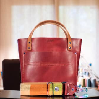 SoRetro Mini+ Especial Reservo Stitch Sitch FYG Leather Crossbody Tote – Cherry Delight with Heritage Pumpkin Summer on Sand Cotton Webbing - Chromalusion Hardware
