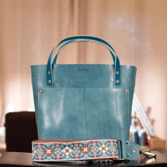 SoRetro Especial Reservo Mini+ FYG Leather Crossbody Tote – Andromeda Galaxy with Exclusivo Espalier Ocean on Cinnamon Cotton Webbing – Bronze Hardware