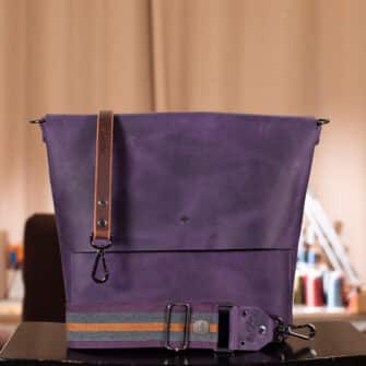 SoRetro Perfect Traveler FYG Leather Crossbody Tote – Mercurio Retrogrado with Limited Polesitter Cinnamon on Eggplant Cotton Webbing – Gunmetal Hardware