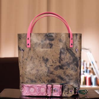 SoRetro Verdura Perfect FYG Leather Crossbody Tote – Monte Accona with Exclusivo Cosmic Pulse Pink Omega on Dark Olive Cotton Webbing – Chromalusion Hardware