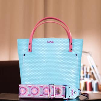 SoRetro Limited Verdura Mini+ FYG Leather Crossbody Tote – Hypnotic Sky Dot with Exclusivo Cosmic Pulse Cotton Candy on Raspberry Cotton Webbing – Chromalusion Hardware