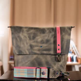 SoRetro Perfect Traveler FYG Leather Crossbody Tote – Burning Sage with Heritage Kerridge Pines on Mauve Cotton Webbing – Chromalusion Hardware