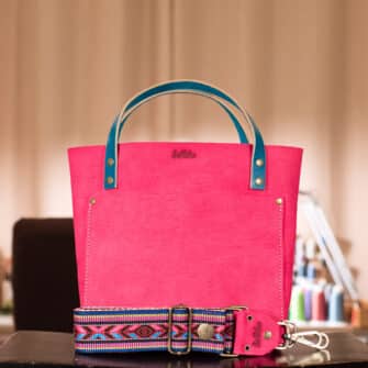 SoRetro Verdura Mini+ FYG Leather Crossbody Tote – La Tela Rosa Signora Mela with Adobe Fiesta on Hot Pink and Beige Lattice Webbing – Bronze Hardware