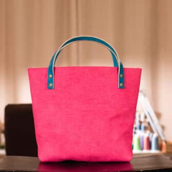 Alternative view of SoRetro Verdura Mini+ FYG Leather Crossbody Tote – La Tela Rosa Signora Mela with Adobe Fiesta on Hot Pink and Beige Lattice Webbing – Bronze Hardware