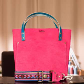 SoRetro Verdura Perfect FYG Leather Crossbody Tote – La Tela Rosa Signora Mela with Adobe Fiesta on Hot Pink and Beige Lattice Webbing – Bronze Hardware