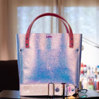 SoRetro Perfect FYG Leather Crossbody Tote – Merman with Sweet Alyssum on Lavender Cotton Webbing - Chromalusion Hardware