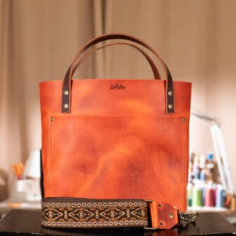 SoRetro Verdura Perfect FYG Leather Crossbody Tote – Tramonto Calabrese with Limited Annie Oakley on Chocolate Brown Cotton Webbing – Bronze Hardware