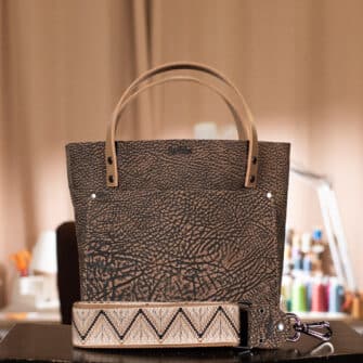 SoRetro Mini+ FYG Leather Crossbody Tote – Muddy Water Delta with Limited Sawtooth Desert on Mocha Cotton Webbing – Gunmetal Hardware